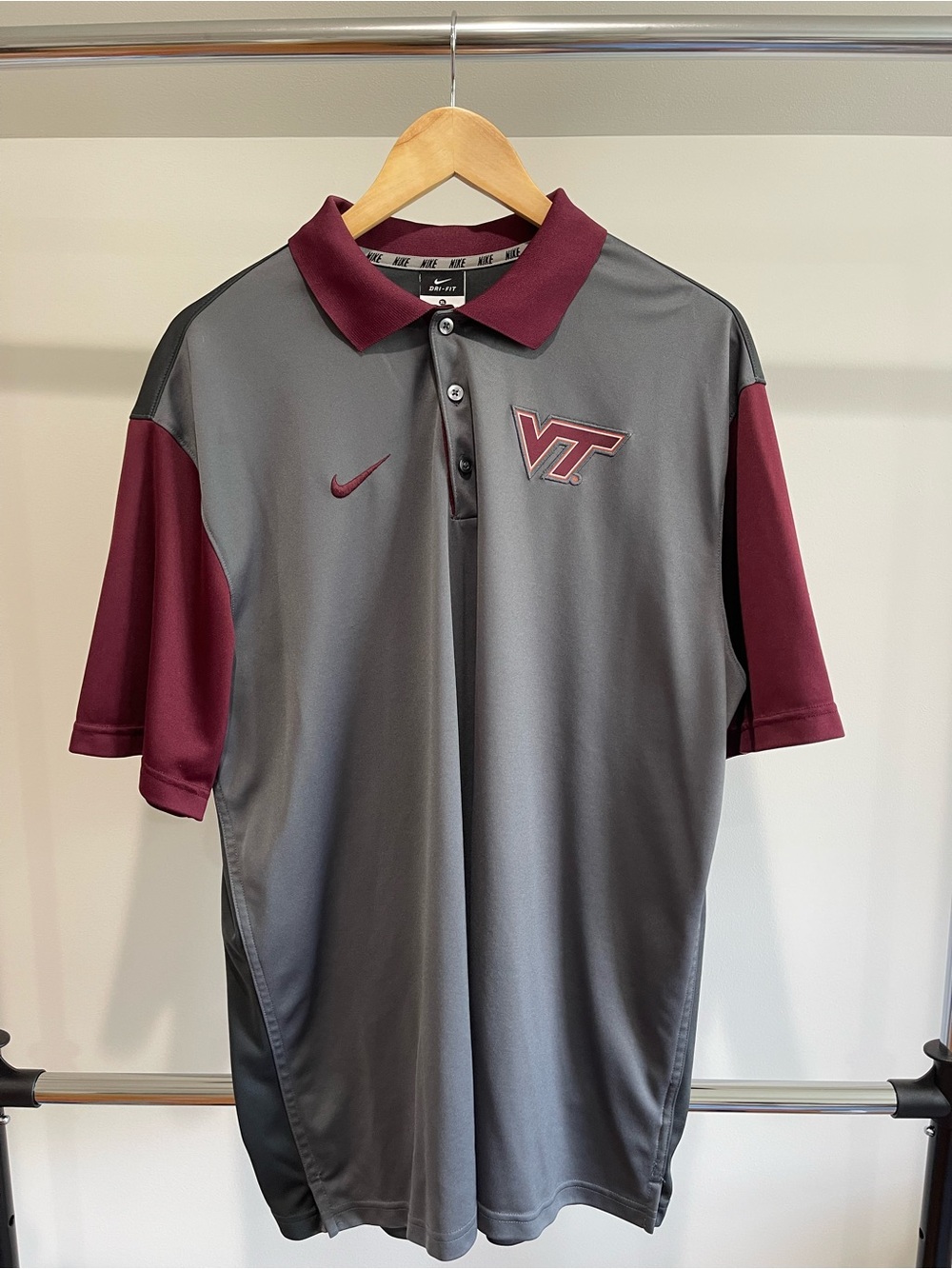 Nike Men's Dri-Fit Maroon and Gray Virginia Tech Embroidered Polo